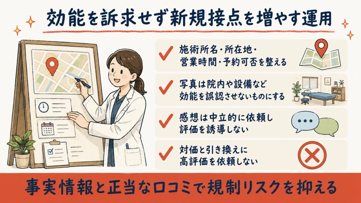 MEO・SNS・口コミで効能を訴求せず接点を増やす運用イメージの図解