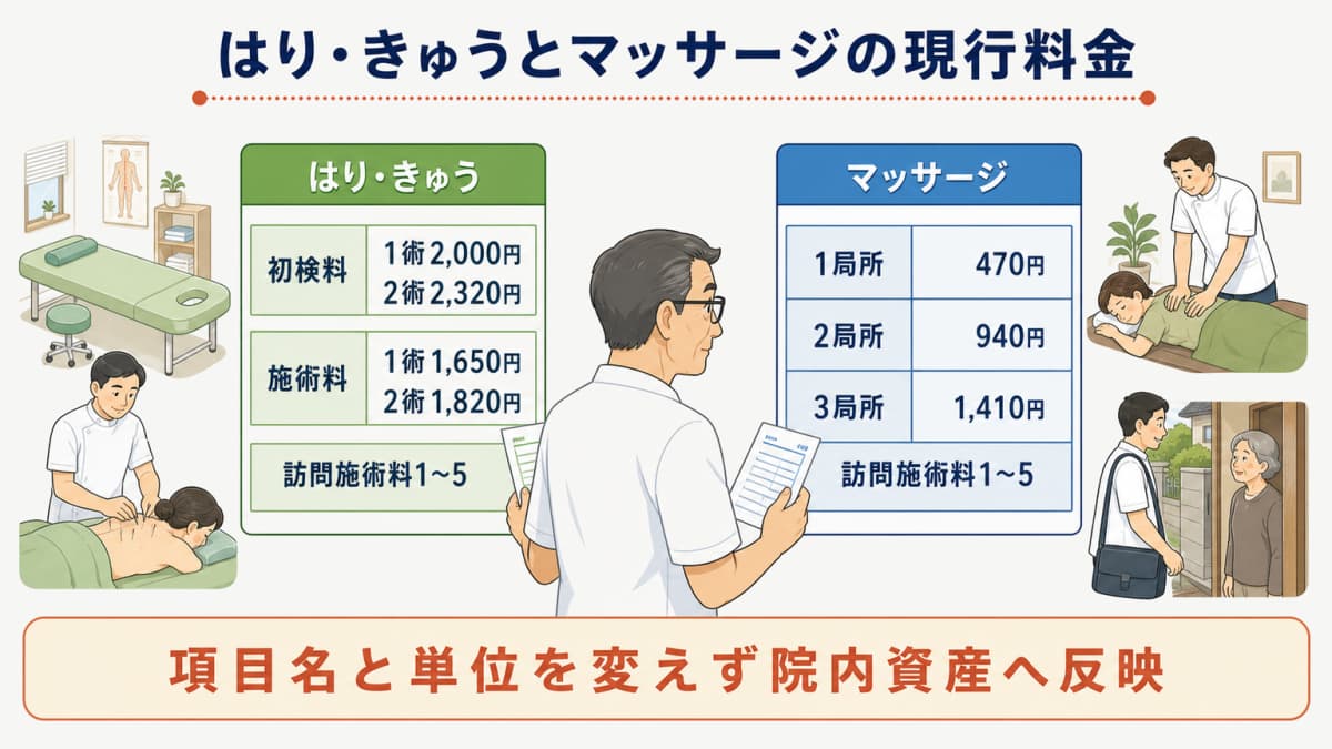 鍼灸の初検施術料金とマッサージの局所料金と訪問区分を比べる表