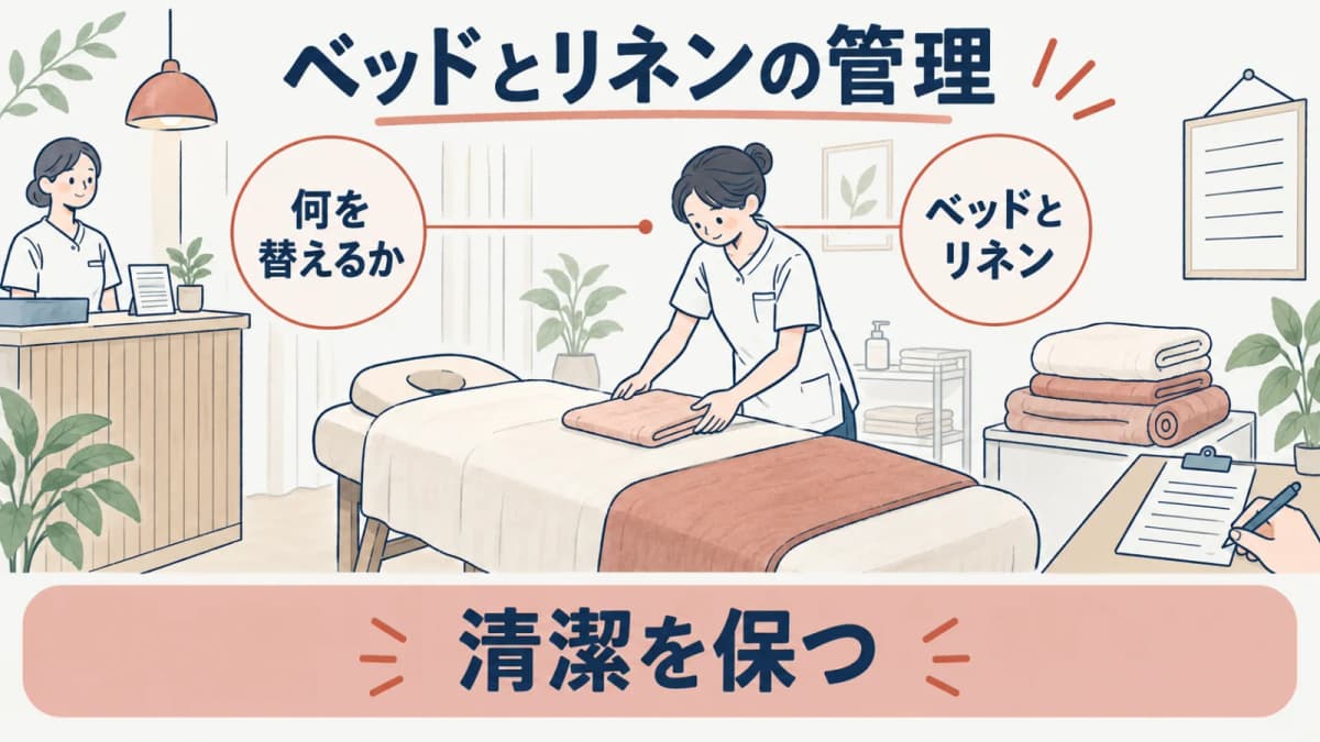 ベッド周辺とリネンの清掃と保管を確認する線画