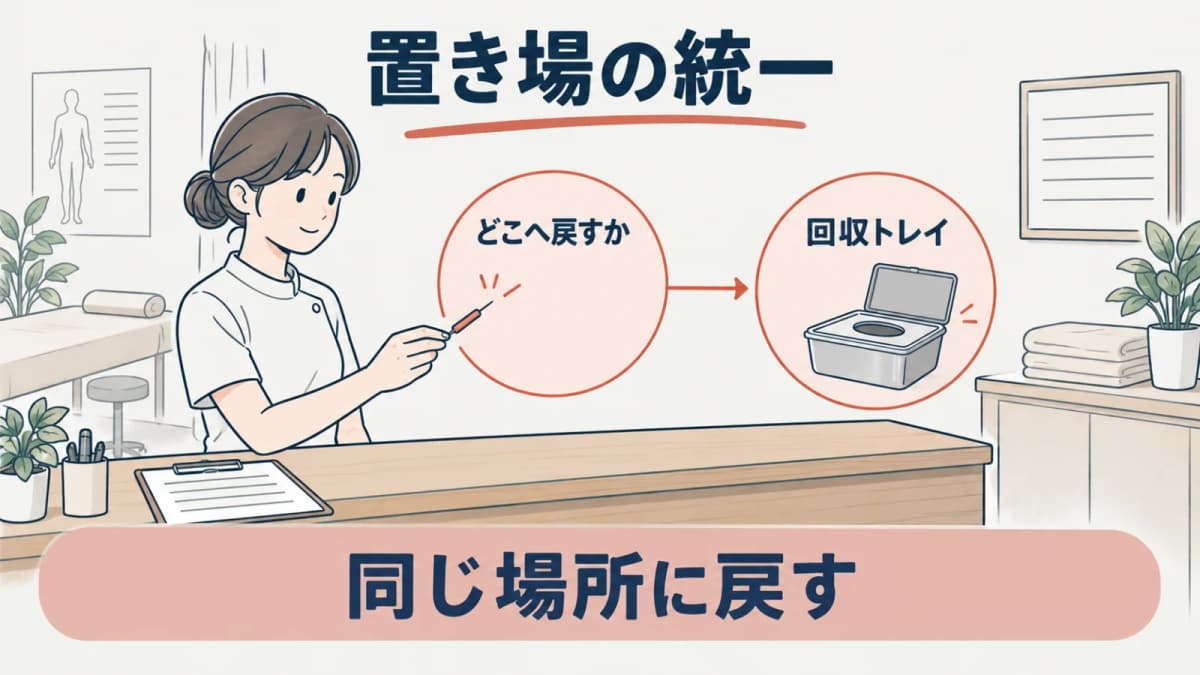 はりの置き場と回収トレイを分ける線画