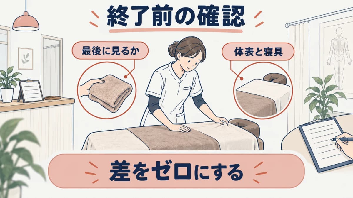 終了前の体表と寝具を確認する線画