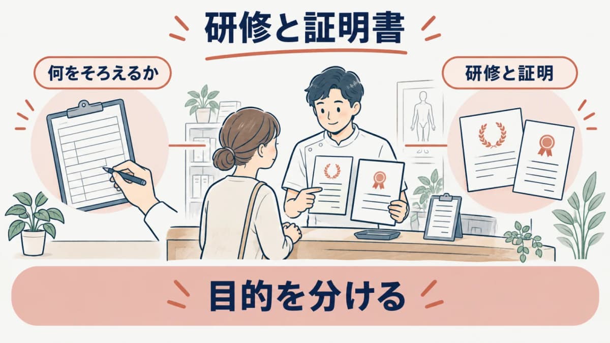研修修了証と書類を確認する線画