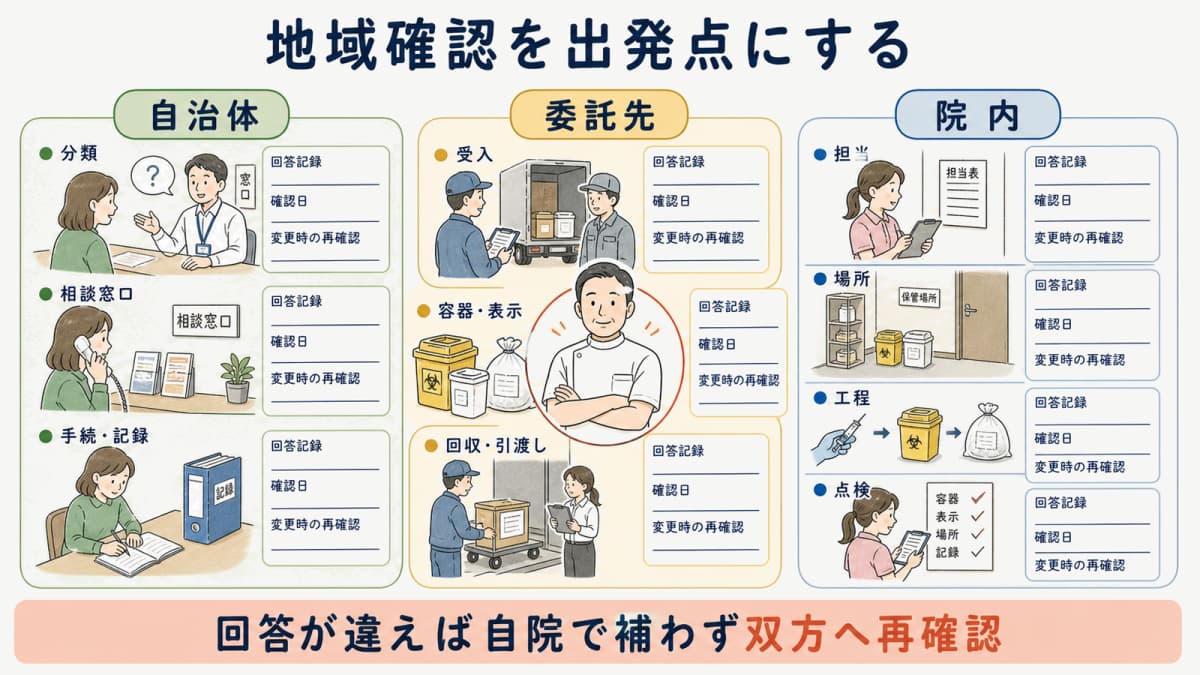 使用済み鍼の廃棄について自治体と委託先と院内の確認項目を分ける早見図