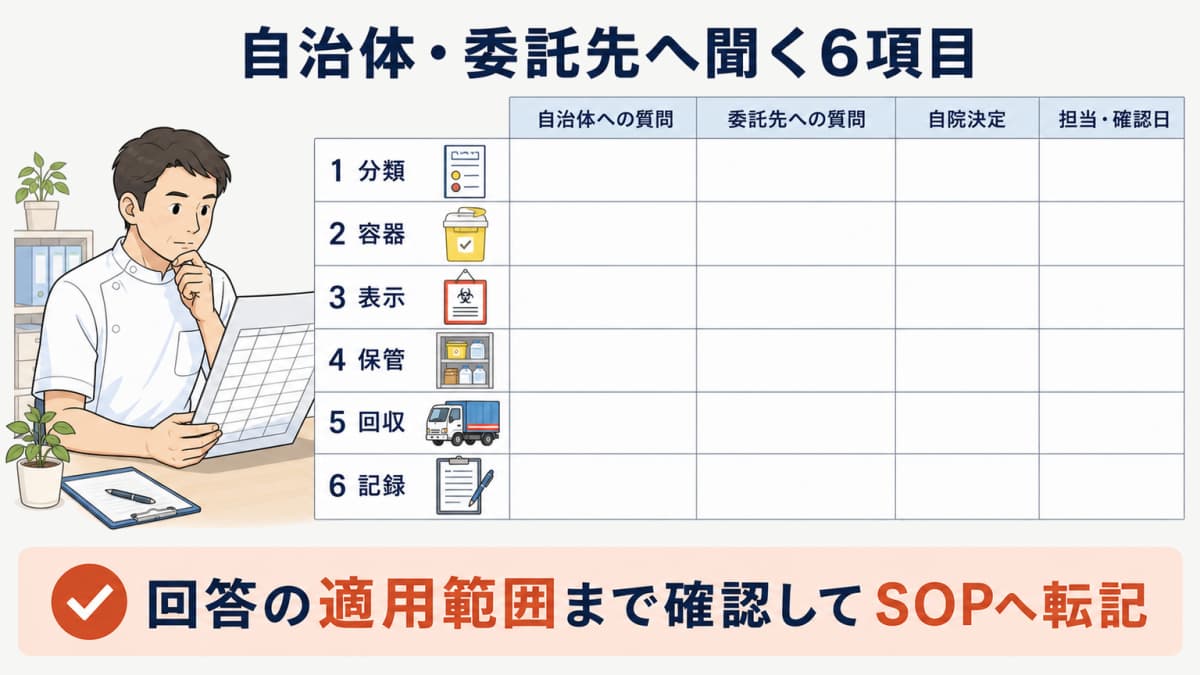 分類と容器と表示と保管と回収と記録の6項目を自治体と委託先へ聞く質問票