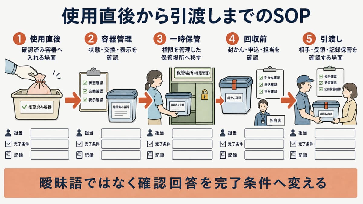 使用直後の容器投入から封かんと一時保管と回収と引渡し記録までの工程図