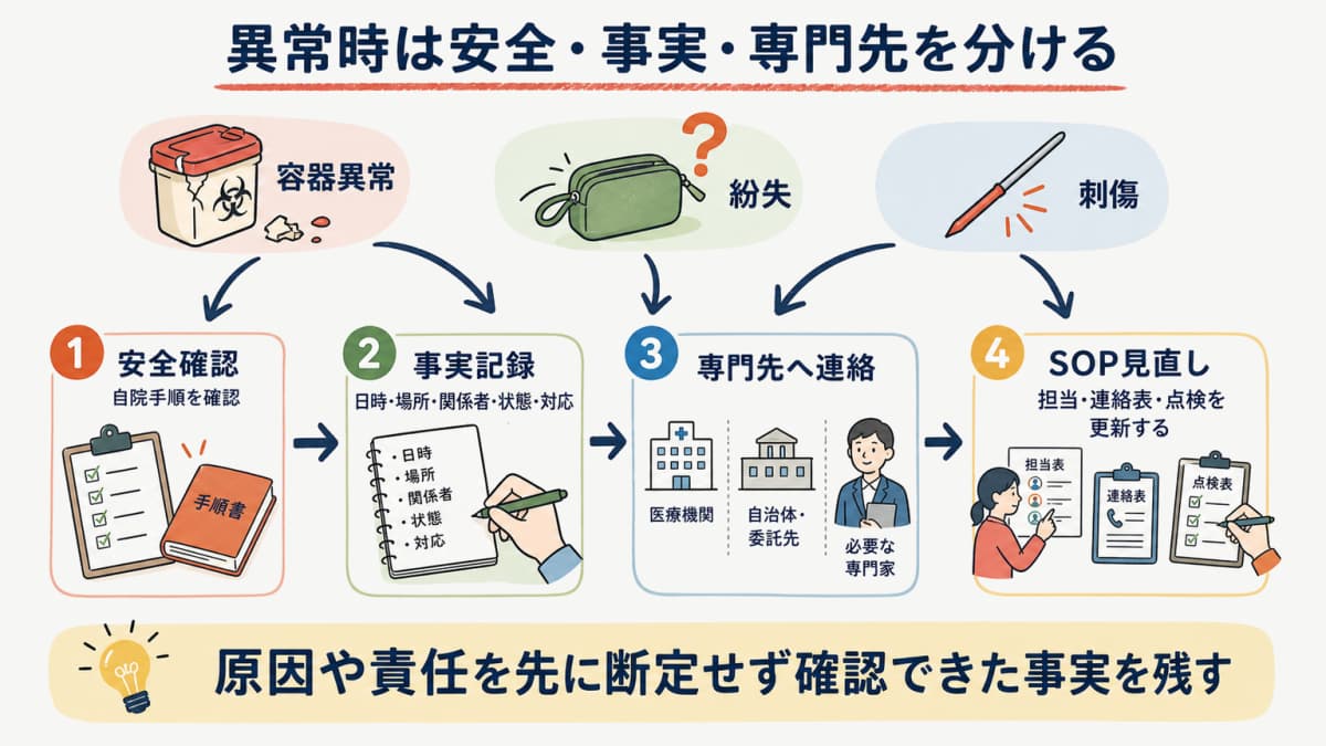 容器異常と紛失と刺傷について安全確認と事実記録と専門先連絡を分けるフロー