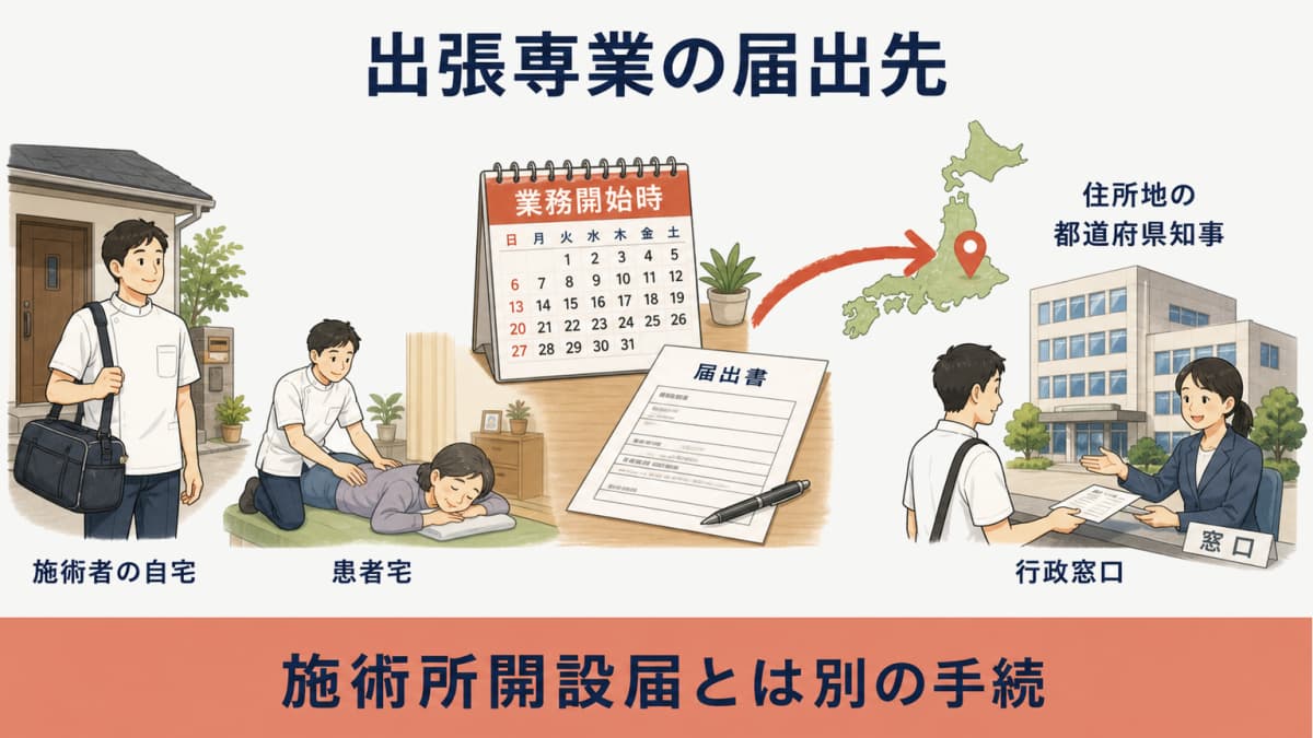 出張専業の定義と住所地の都道府県知事への届出を示す早見図