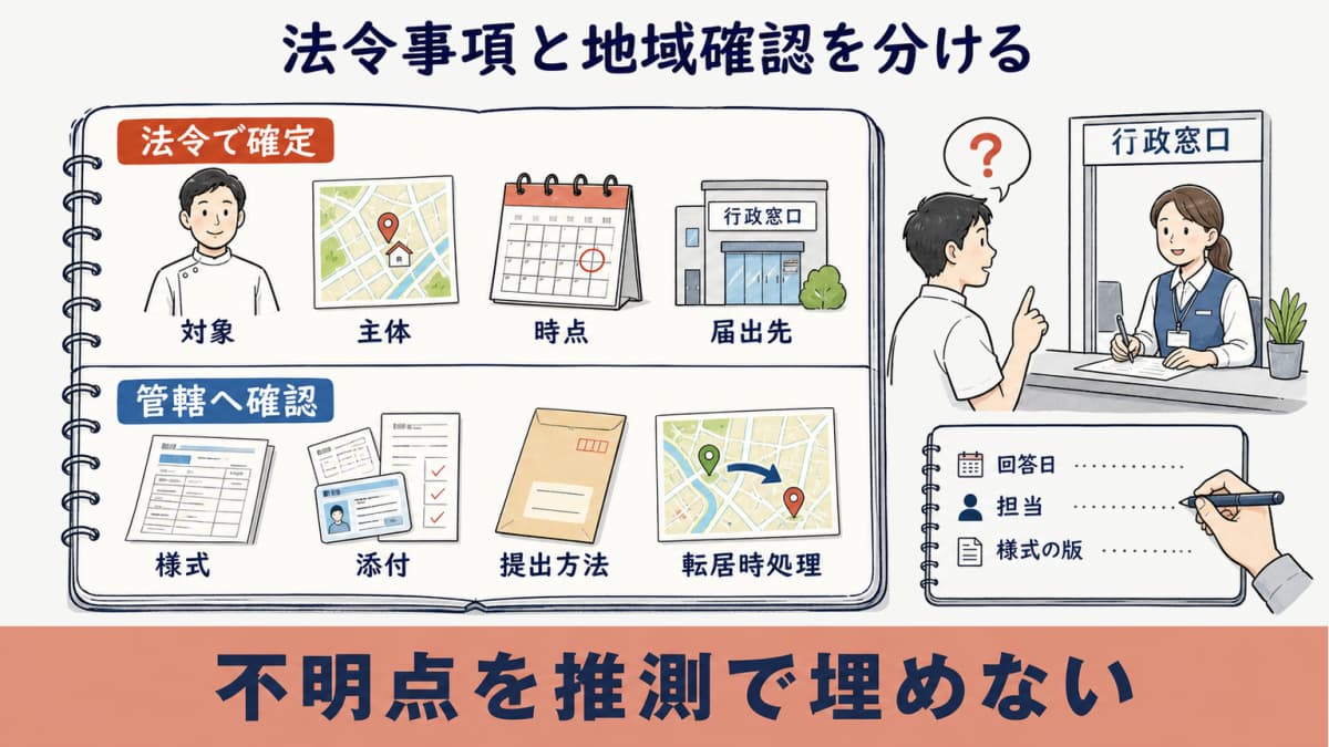 出張施術の法定事項と自治体様式や添付物を分けた二層表