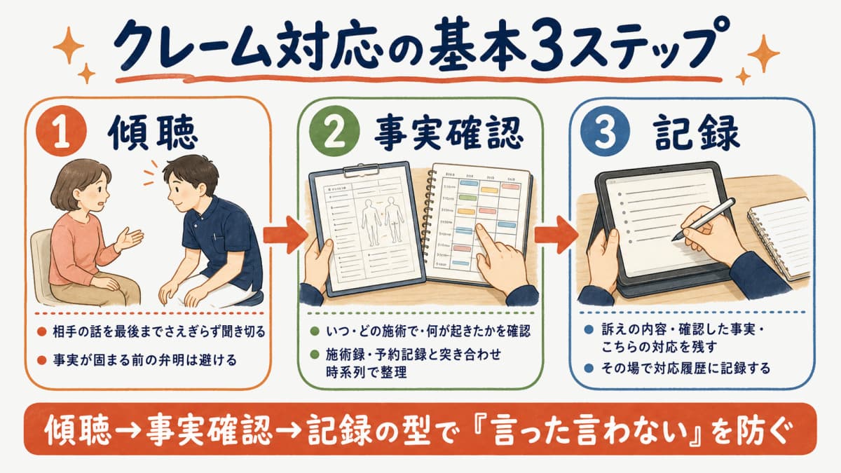 クレーム対応の基本3ステップ(傾聴・事実確認・記録)を示すフロー図