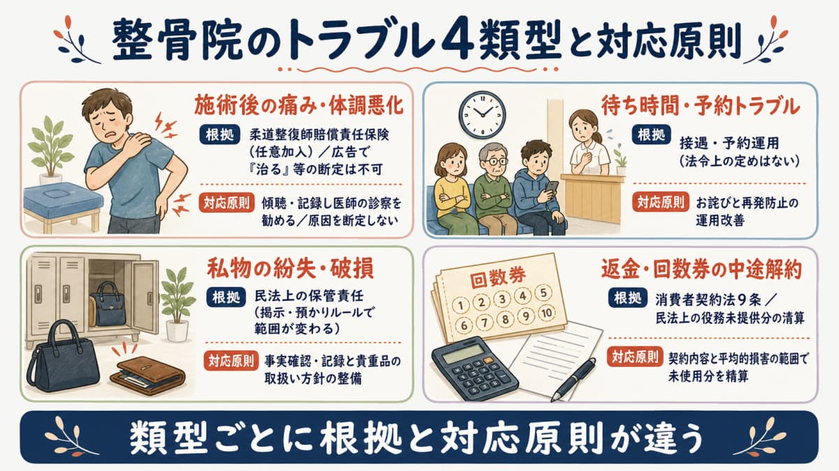整骨院のトラブル4類型と根拠法令・対応原則を整理した早見図