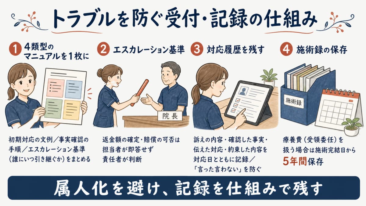 トラブルを防ぐ受付・記録の仕組みを示す図
