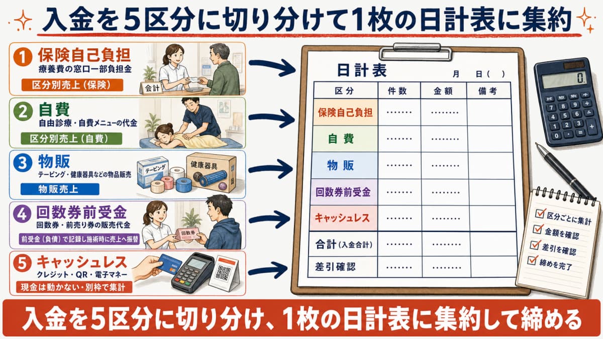 保険自己負担・自費・物販・回数券前受金・キャッシュレスの5区分を1枚の日計表に集約する日次レジ締めの全体像図