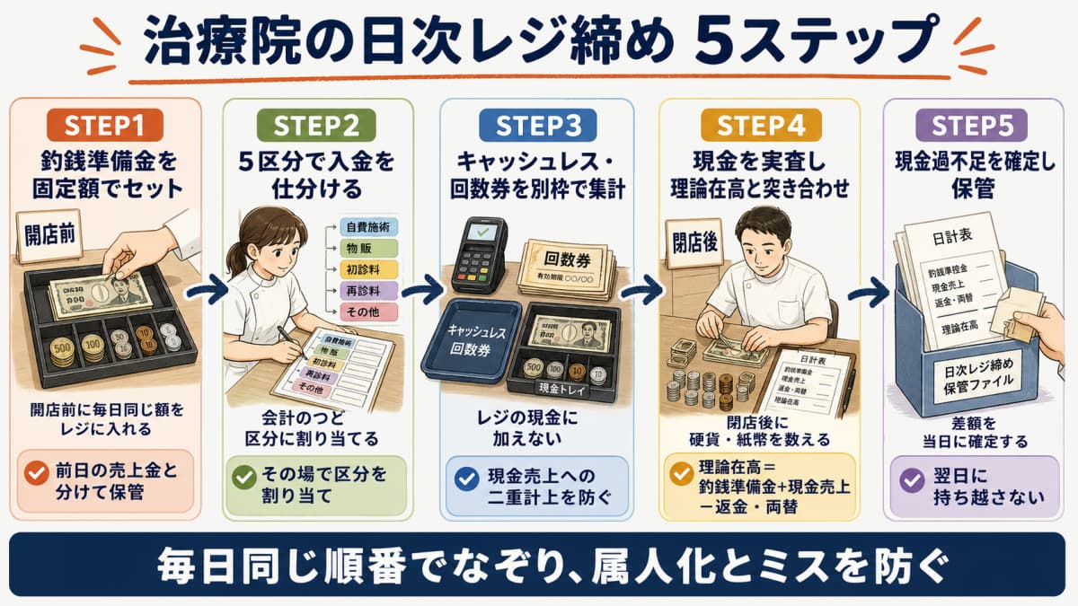 釣銭準備金のセットから現金実査・過不足確定・保管までの日次レジ締め5ステップのフロー図