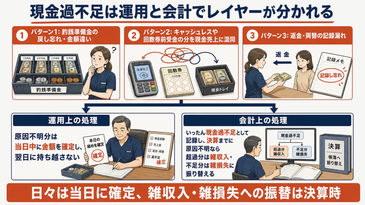 現金過不足の3つの典型パターンと当日確定・決算時の雑収入雑損失振替を分けて示した切り分けフロー図
