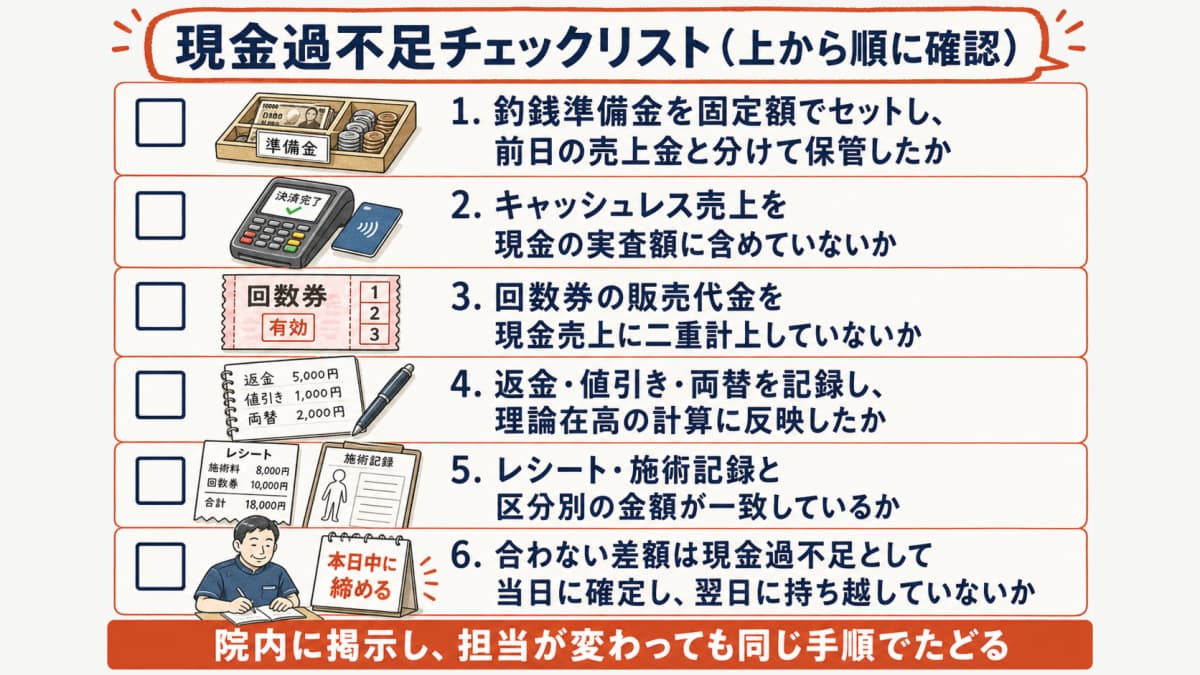 締めが合わないときに上から順に確認する現金過不足チェックリスト6項目の図解