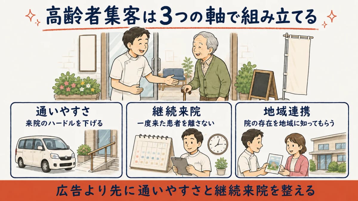 高齢者集客の3軸(通いやすさ・継続来院・地域連携)を示す早見表イメージ