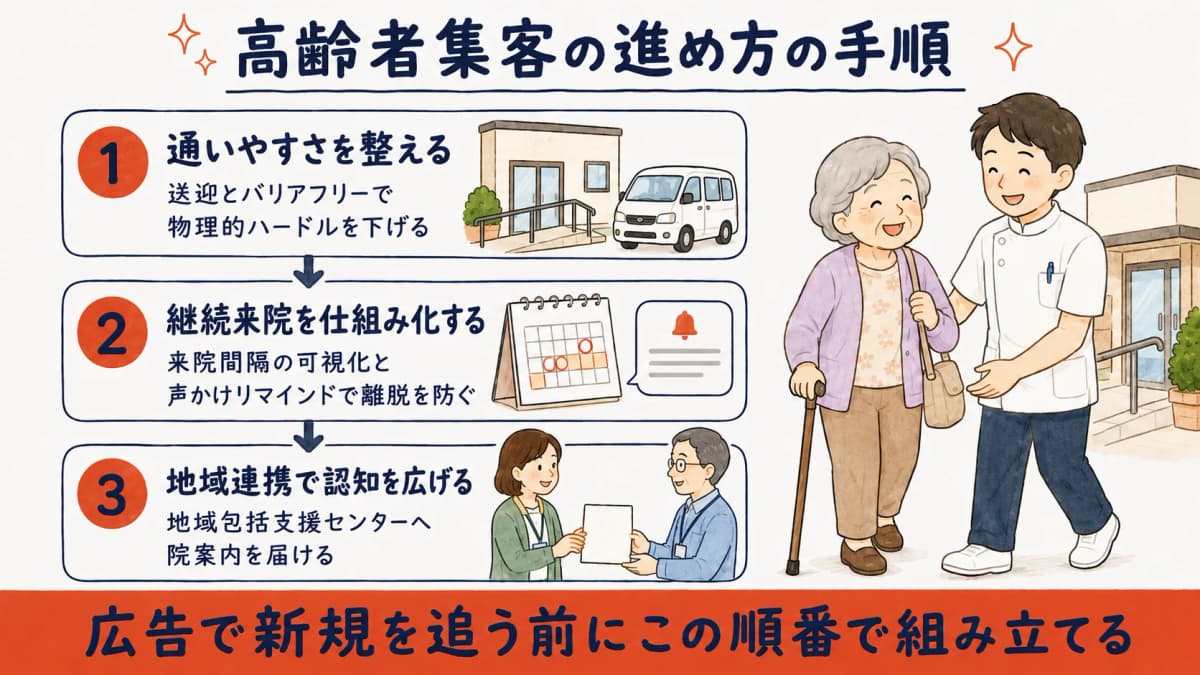 高齢者集客の進め方(通いやすさ→継続来院→地域連携)の手順フロー
