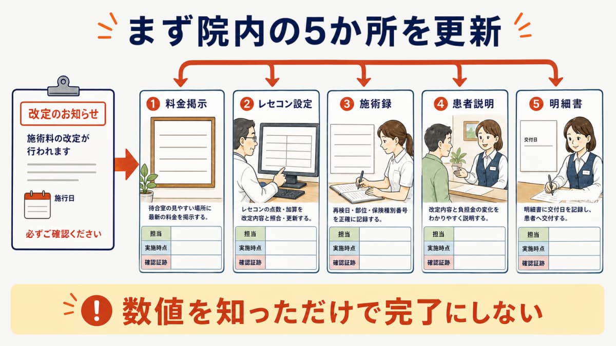 柔整療養費の改定項目と料金掲示や施術録など院内5か所の更新対応図