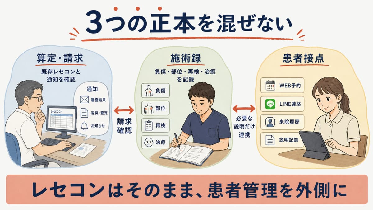 柔整療養費の算定請求と施術録と患者予約管理の役割境界を示す図