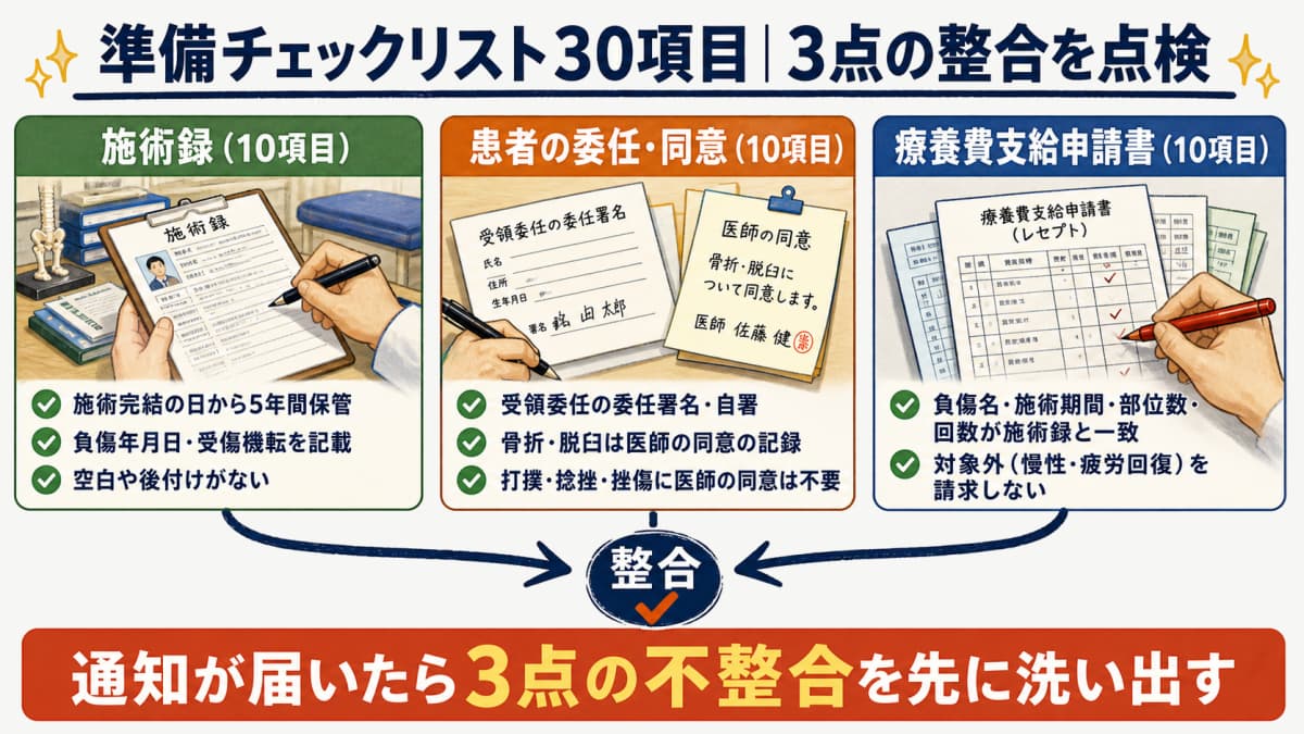 施術録・患者の委任と同意・療養費支給申請書の3点整合を点検するチェックリスト図