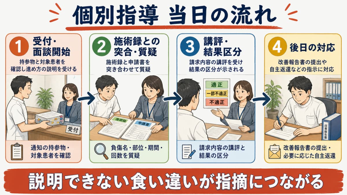 個別指導当日の受付から後日対応までのタイムライン図