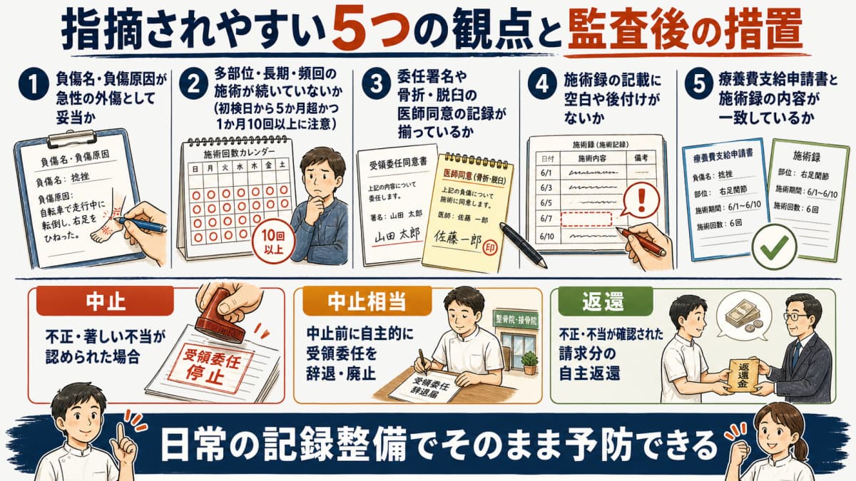 指摘されやすい5つの観点と監査後の措置(中止・中止相当・返還)を整理した図