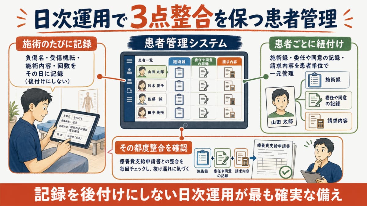 施術録・同意・請求を日次で整合させる患者管理の運用イメージ図