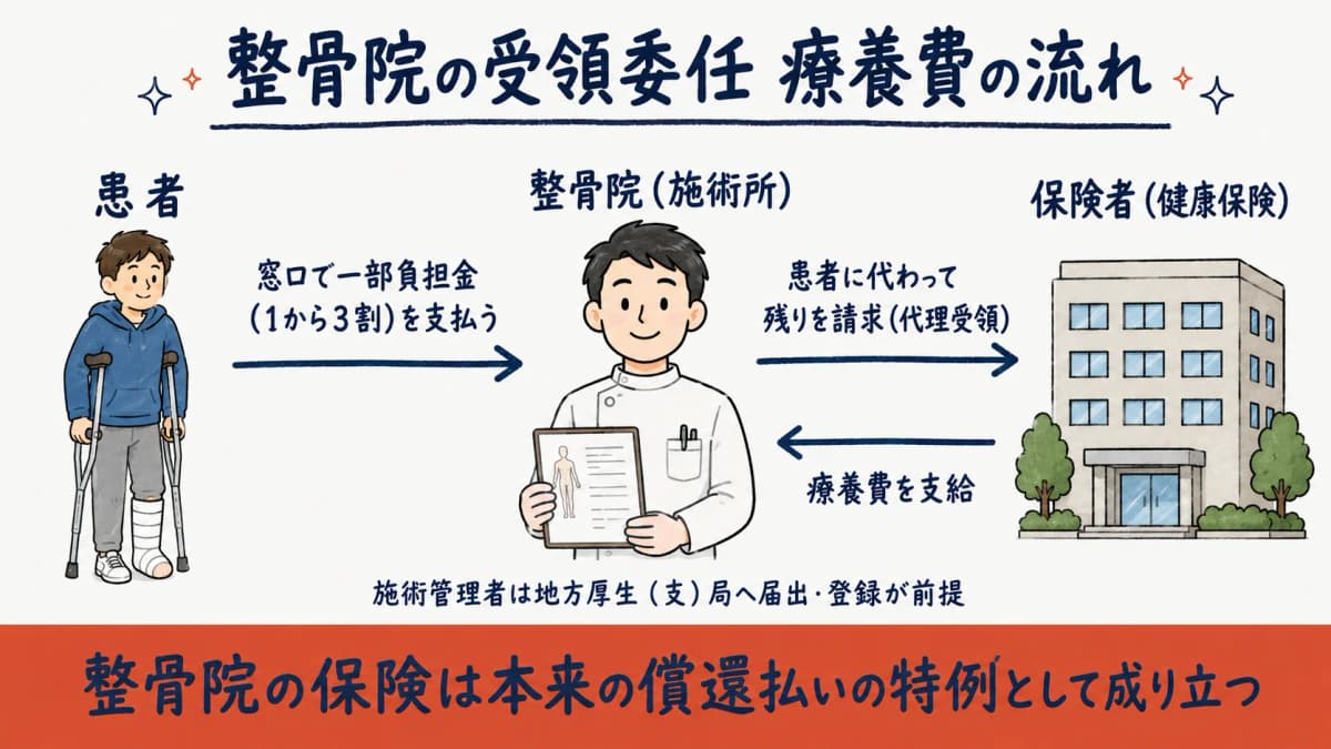 整骨院の受領委任による療養費の流れ図