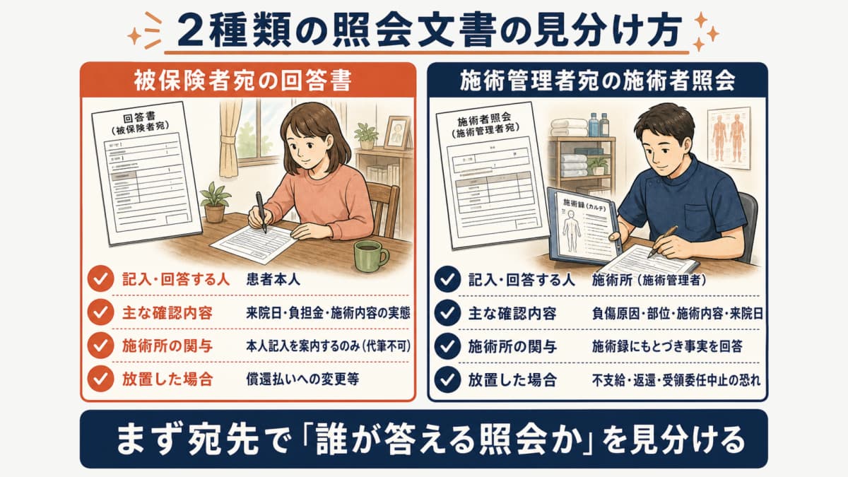 被保険者宛の回答書と施術管理者宛の施術者照会という2種類の照会文書の見分け方を示した図