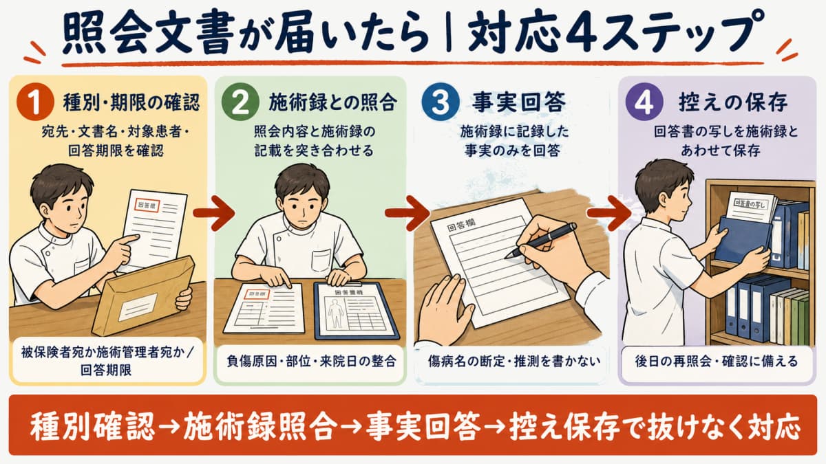 照会文書対応の4ステップ(種別確認・施術録照合・事実回答・控え保存)を示したフロー図
