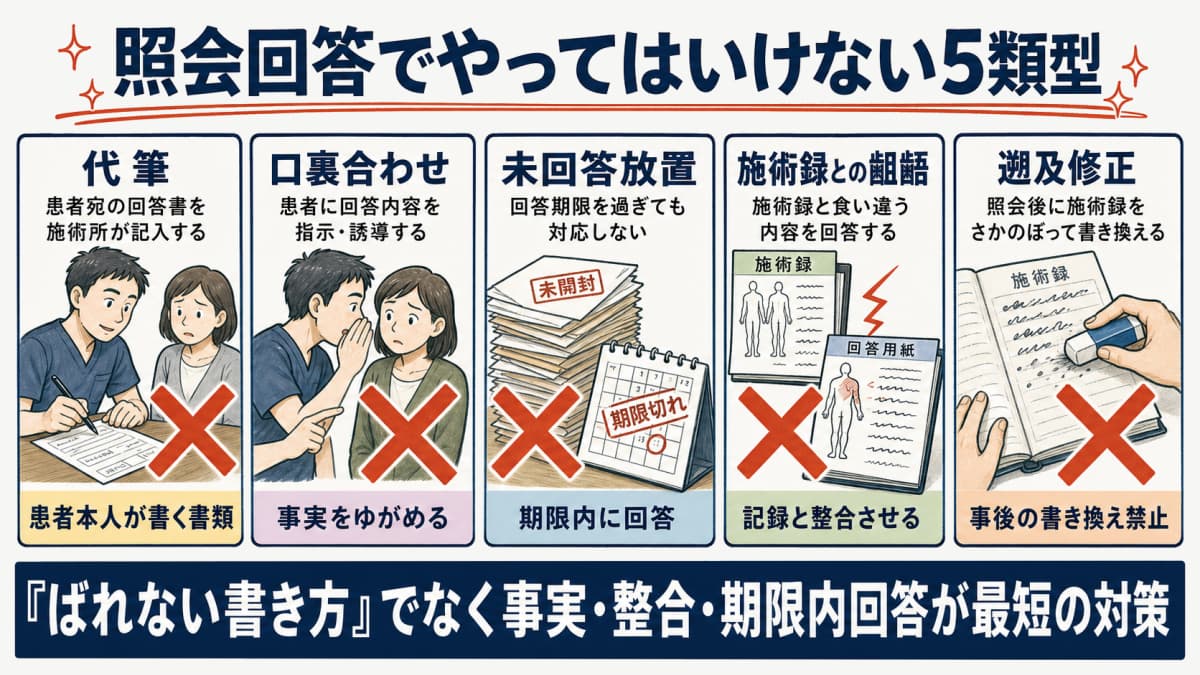 照会回答でやってはいけない5類型(代筆・口裏合わせ・未回答放置・施術録との齟齬・遡及修正)を示した図