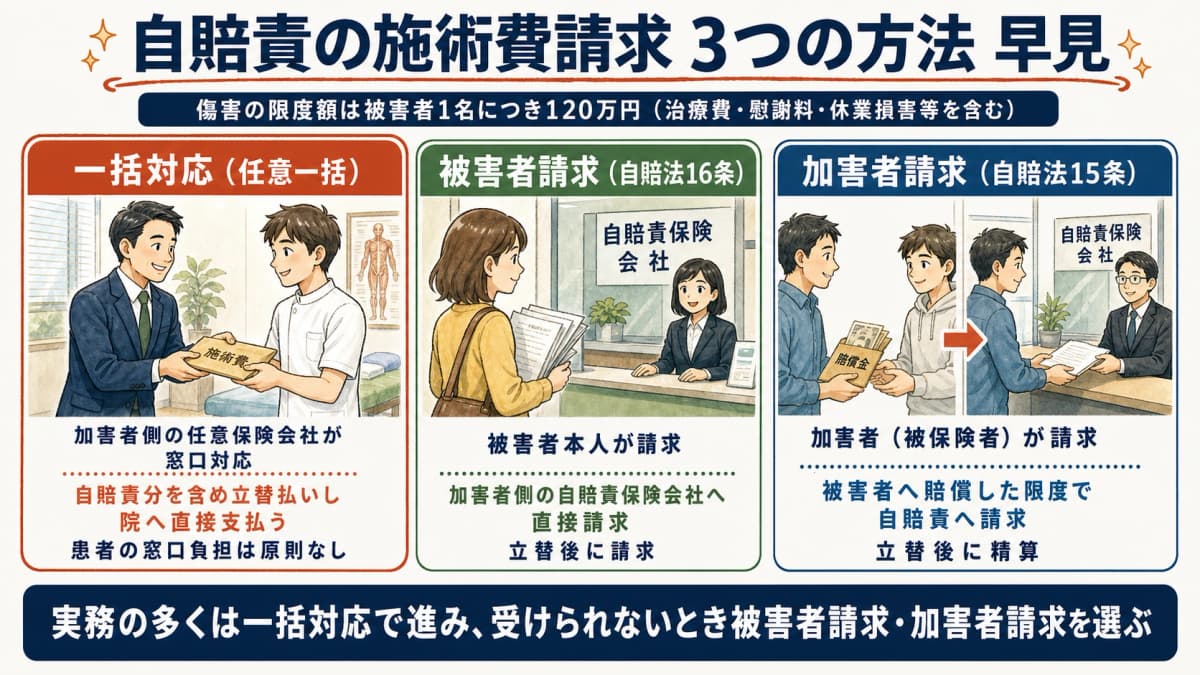 自賠責保険の施術費請求における一括対応・被害者請求・加害者請求の3つの請求方法を示した早見図