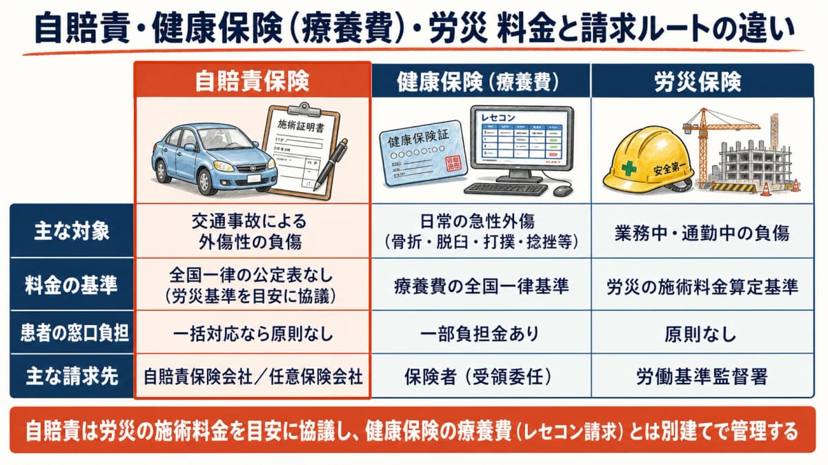自賠責・健康保険(療養費)・労災の料金基準と請求ルートが別建てになる違いを示した比較図
