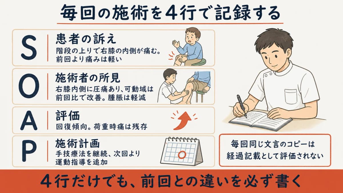 SOAP形式の4要素と施術録への記載例
