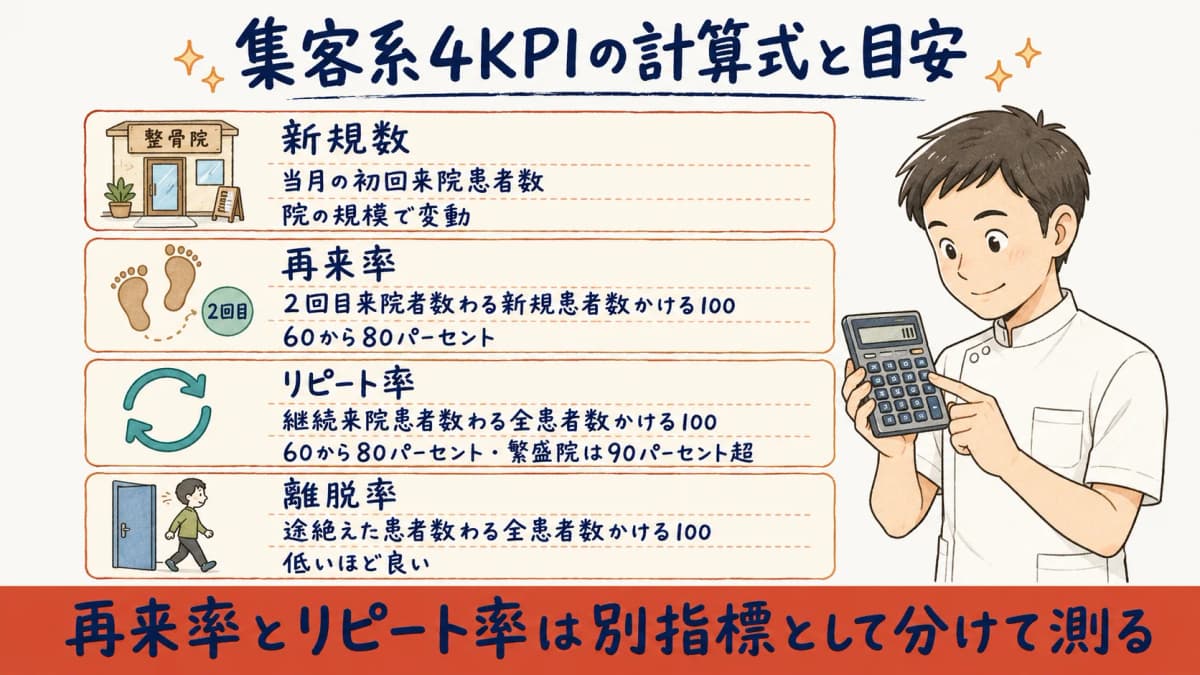 集客系4KPI(新規数・再来率・リピート率・離脱率)の計算式早見表