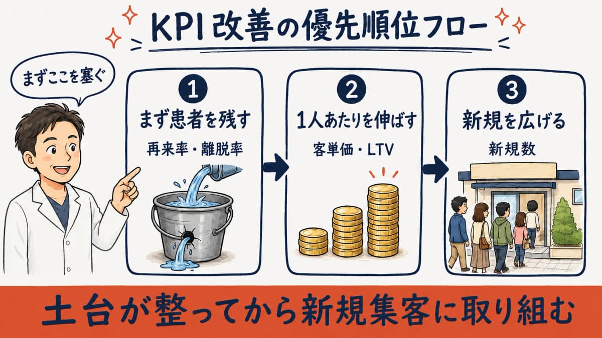 再来率・離脱率を起点に新規へ広げるKPI改善の優先順位フロー