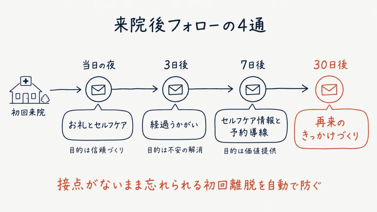 来院後ステップ配信4通のタイムライン