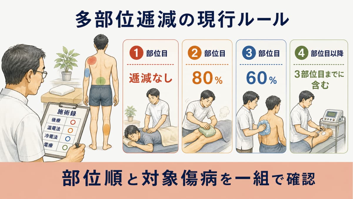 1部位目から4部位目以降までの多部位逓減率と扱いを示す早見カード