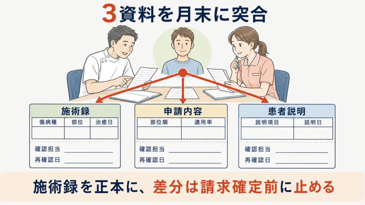 多部位逓減について施術録と申請書と患者説明を照合するマトリクス