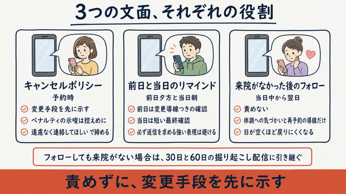 キャンセルポリシー・リマインド・フォロー 3つの文面の役割