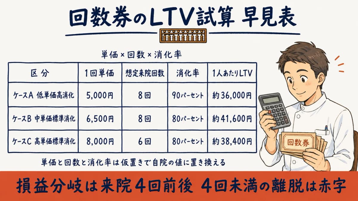 回数券のLTV試算と損益分岐回数の逆算を示す早見表の図解