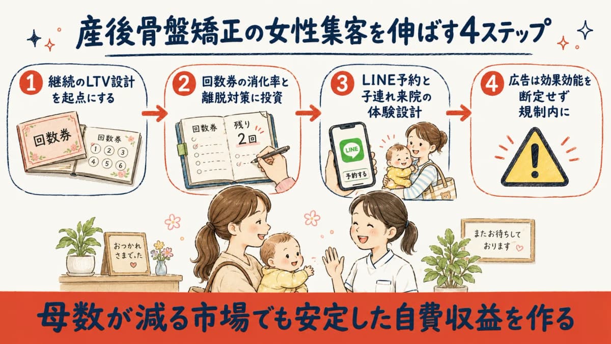 産後骨盤矯正の女性集客を伸ばす4ステップのまとめ図解