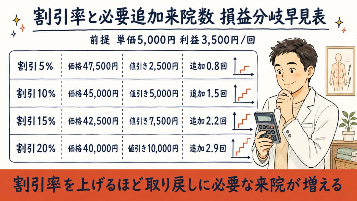 割引率と必要追加来院数の損益分岐を示す早見表のグラフ