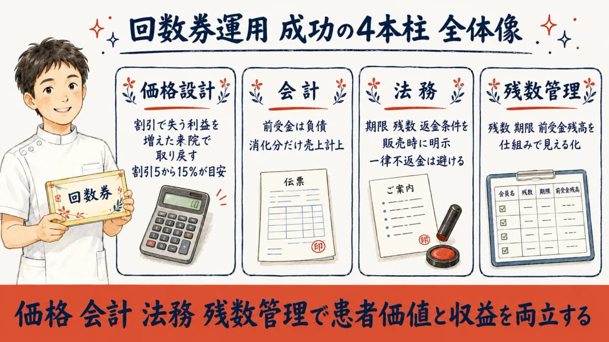 回数券運用の価格設計・会計・法務・残数管理の全体像をまとめた図