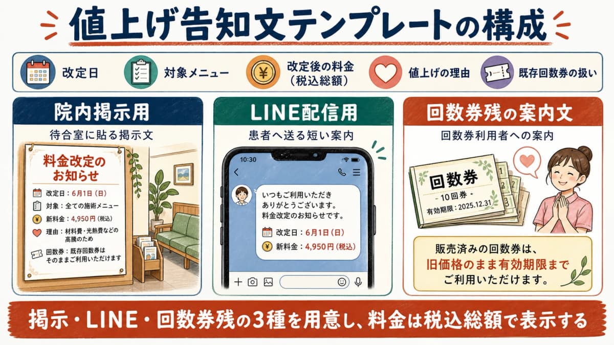 院内掲示・LINE配信・回数券残の3種の告知文テンプレートの構成図