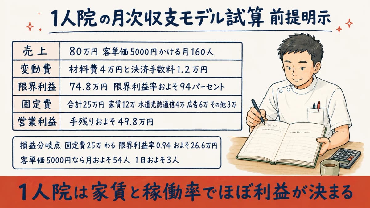 1人院の月次収支モデルと損益分岐点の試算