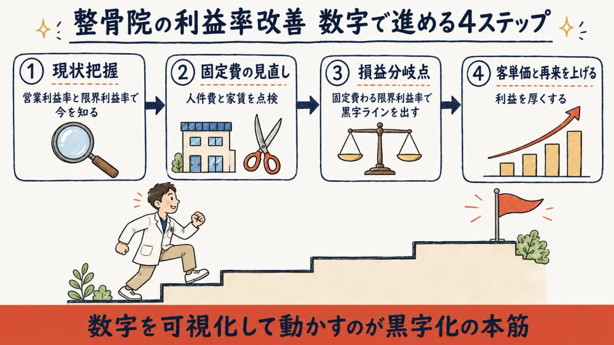 整骨院の利益率改善の流れ(現状把握→固定費見直し→損益分岐点→客単価・再来)
