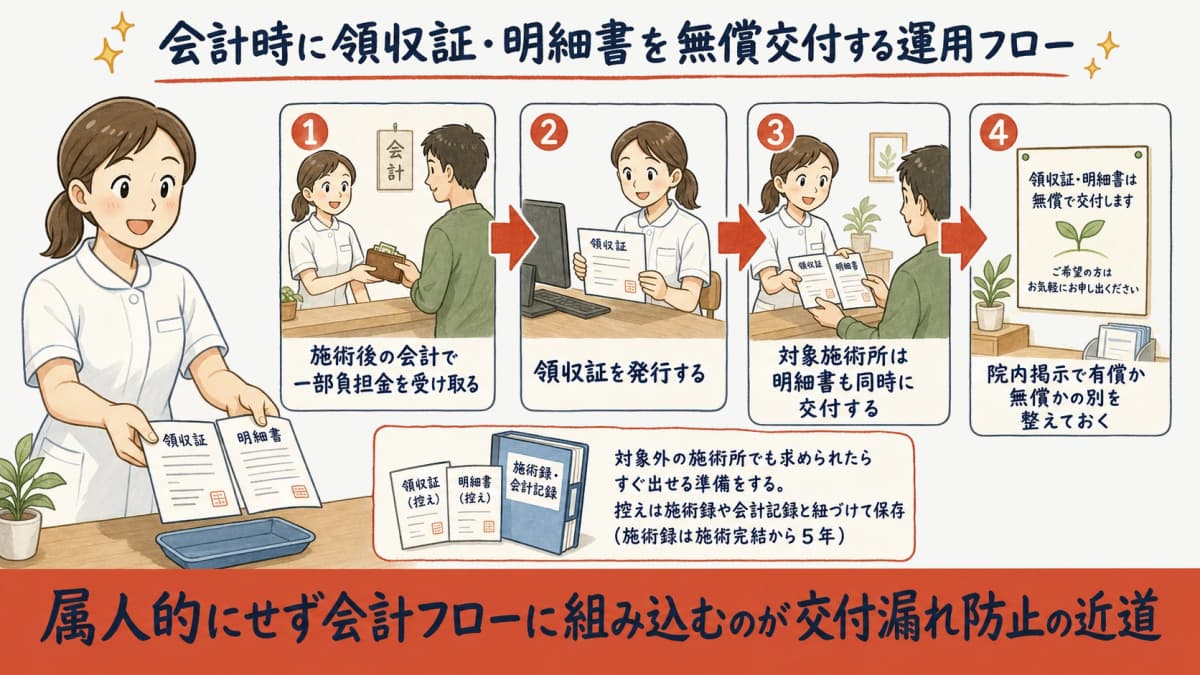 会計時に領収証・明細書を無償交付する運用フロー