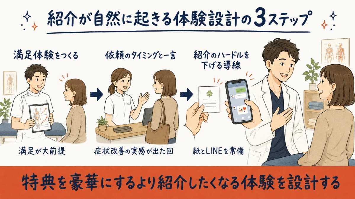 紹介が自然に起きる体験設計の3ステップ(満足・依頼・導線)のフロー図