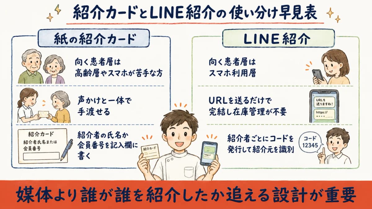紹介カード(紙)とLINE紹介の使い分け早見表のイメージ